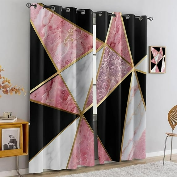 Pink Rose Gold Marble Texture Blackout Curtains, Luxurious Black Gold Geometric Lines Window Curtains, Printed Noise Reducing Grommet Drapes For Living Room Bedroom Office 42"W x 108"L (Pack of 2)