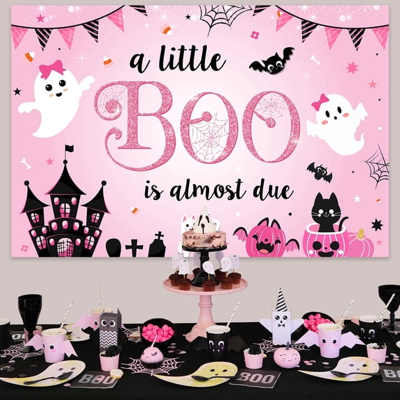 Pink Rose Halloween A Little Boo Is Almost Due Background Cloth for Baby Shower Party Decoration 150x100cm Vinyl Backdrop with Eyelets and 6m White Ribbon for Indoor Outdoor Celebration