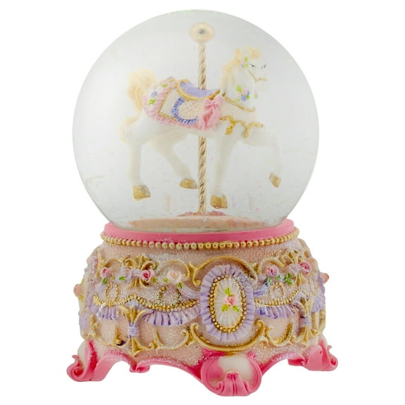 Pink Rose Horseand Carousel 100MM Musical Water Globe Plays Tune Carousel Waltz