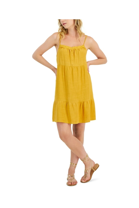 Juniors Eyelet-Trim Sleeveless Tiered Dress, Golden Mirage, Small