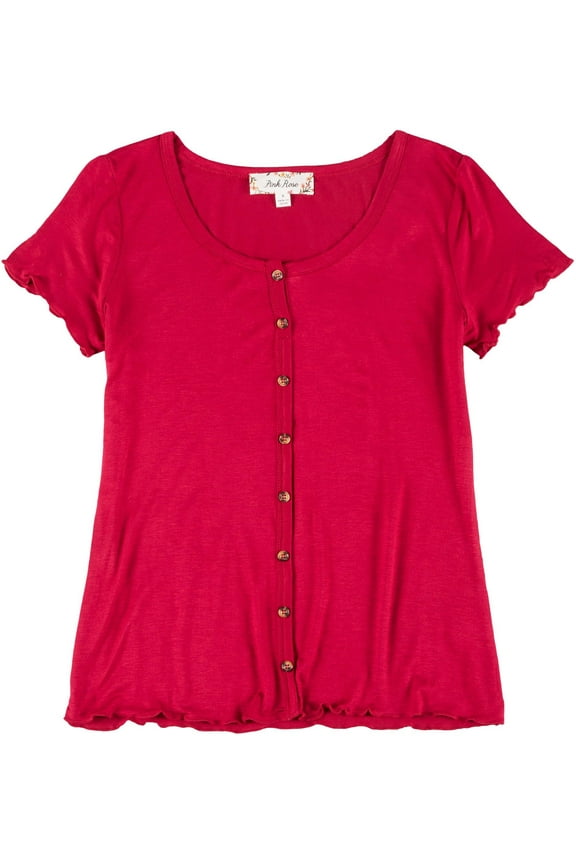 Juniors Short Sleeve Lettuce Trim Top Medium Sangria