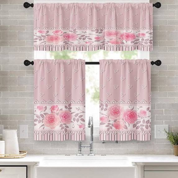 Pink Rose Kitchen Curtains Floral Window Curtains Valance and Tier Set 36 Inch, Romantic Flowers Delicate Rod Pocket Short Tier Curtain, Chic Classic Small Cafe Curtains for Kitchen Decor