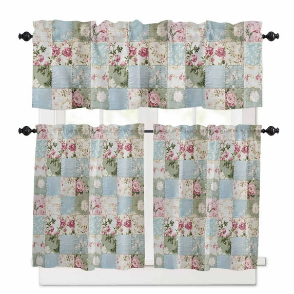 Pink Rose Kitchen Curtains Valance and Tier Set 3 Pieces,Blue Splicing Farmhouse Vintage Textures Small Window Curtains Set, 24 Inches Length Rod Pocket Short Window Treatment Tiers For Bathroom Cafe