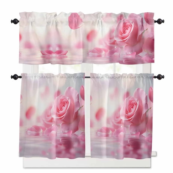 Pink Rose Kitchen Curtains Valance and Tier Set Floral Reflection Rod Pocket Short Curtains for Small Window 3 Pieces Set for Bedroom Bathroom Cafe (54" x 18"+27" x 24")