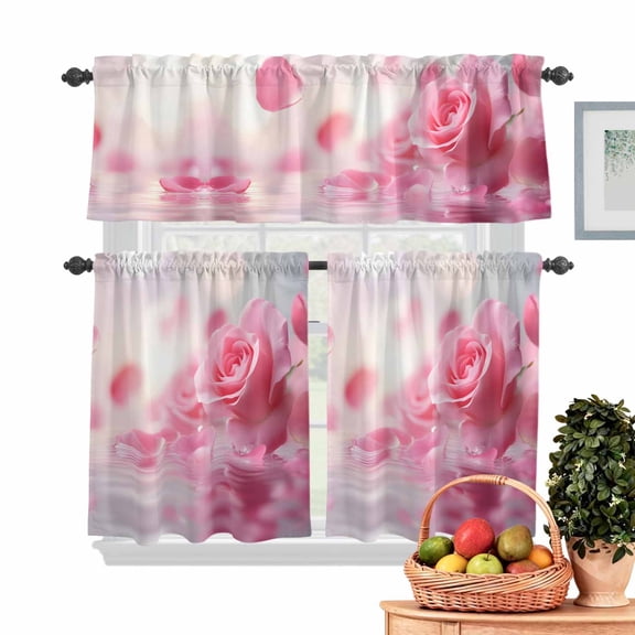 Pink Rose Kitchen Curtains Valances 3 Piece Set, Floral Reflection Rod Pocket Tier Curtain and Valance Drapes for Small Window 24 Inch Length for Bedroom Cafe
