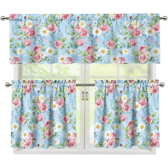 Pink Rose Kitchen Curtains and Valances Set Daisy Rod Pocket Tier Curtains 3-Piece House Decor Curtains for Living Room Bedroom Bathroom Easy to Install Kitchen Valance Curtains