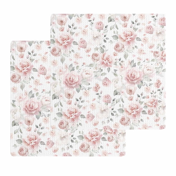 Pink Rose Kitchen Dish Towels for Drying Dishes Set of 2, Modern Simple Romantic Flowers Floral Leaves Waffle Weave Microfiber Hand Tea Bathroom Towels Quick Dry & Absorbent Towel 12x12