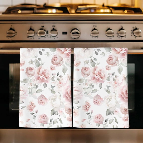Pink Rose Kitchen Towels Set of 1, Modern Simple Romantic Flowers Floral Leaves Absorbent Dish Towels for Kitchen, Microfiber Hand Towel, Quick Drying Tea Towel for Cleaning Decorative Dishcloths