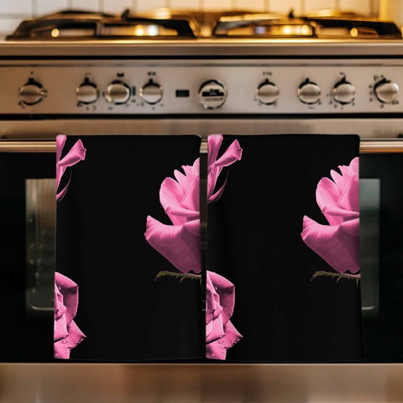 Pink Rose Kitchen Towels Set of 1, Vintage Abstract Garden Flower Floral Black Absorbent Dish Towels for Kitchen, Microfiber Hand Towel, Quick Drying Tea Towel for Cleaning Decorative Dishcloths