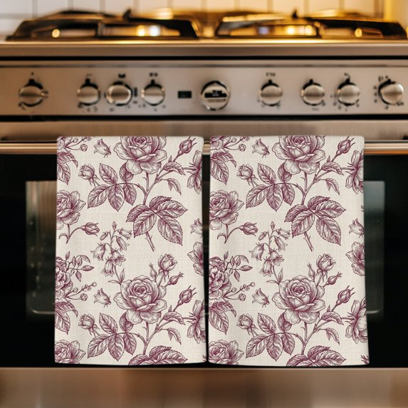 Pink Rose Kitchen Towels Set of 2, Farmhouse Vintage Botanical Floral Burlap Absorbent Dish Towels for Kitchen, Microfiber Hand Towel, Quick Drying Tea Towel for Cleaning Decorative Dishcloths