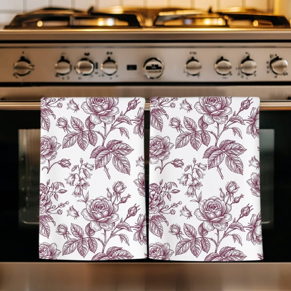 Pink Rose Kitchen Towels Set of 2, Rustic Vintage Botanical Floral Watercolor Absorbent Dish Towels for Kitchen, Microfiber Hand Towel, Quick Drying Tea Towel for Cleaning Decorative Dishcloths