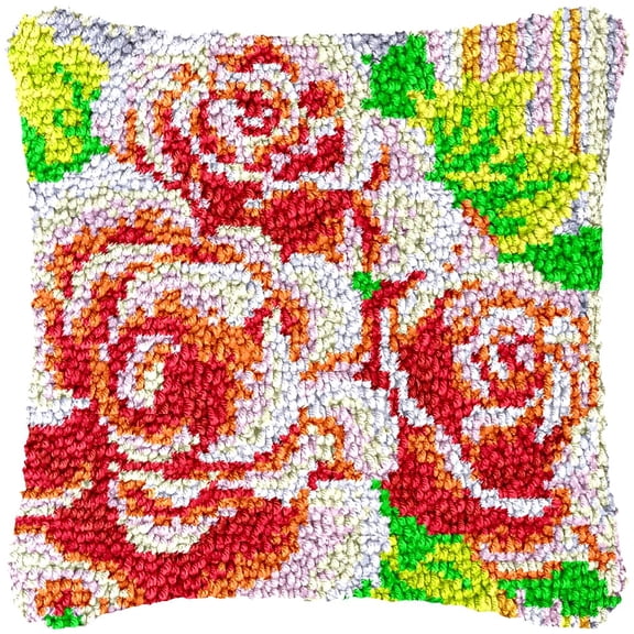 Pink Rose Latch Hook Kits Pillow Cover DIY Rug Making Crochet Hook Cushion Making Kits with Preprinted Pattern Canvas DIY Needlework Crochet Kits Sofa Decor 43x43cm