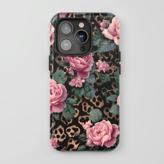 Pink Rose Leopard Print for iPhone Phone Case Elegant Floral Black