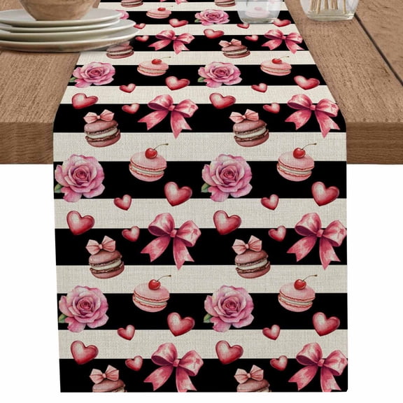 Pink Rose Macaroon Flower on Linen Table Runner-70 Inch Long Black Stripes Table Runners Linen Burlap Tablerunner for Kitchen Dining Room Holiday Party