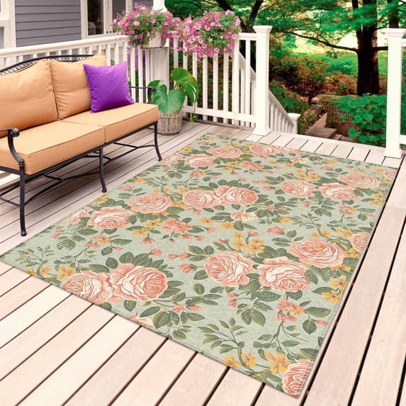 Pink Rose Outdoor Rug for Patio/Deck/Porch, Non-Slip Large Area Rug 5 x 8 Ft, Romantic Botanical Floral Flowers Leaves Indoor Outdoor Rugs Washable Area Rugs, Reversible Camping Rug Carpet Runner