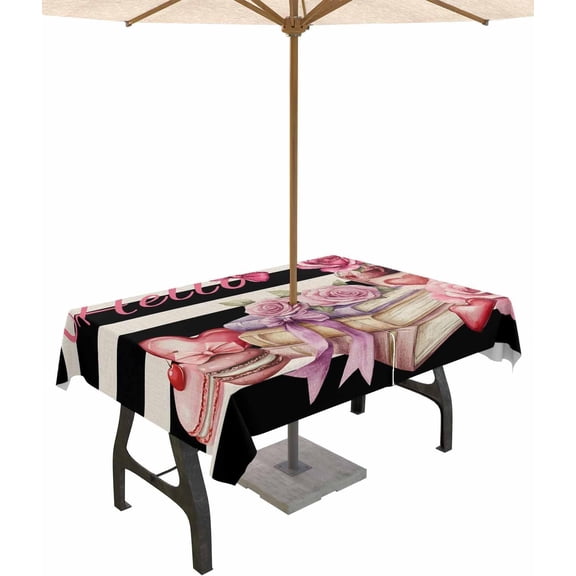 Pink Rose Outdoor Tablecloth with Umbrella Hole Rectangle, Books Cake Wine Black Beige Striped Waterproof Table Cloth Washable Wipeable Cover Spill Proof for Patio Spring Summer Picnic BBQ 60"x102"