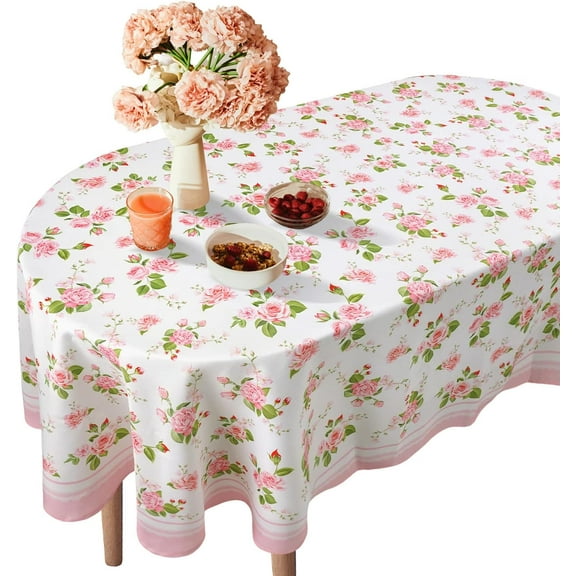 Pink Rose Oval Tablecloth 60 x 84 Inches, Pink White Floral Spring Tablecloth Table Cover Table Cloths for Parties Kitchen Dining Table, Polyester Fabric Flower Tablecloth, Rose Decor Accessories