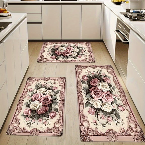 Pink Rose Pattern Flannel Non-Slip Floor Mat, 10mm Sponge Comfort Standing Mat, Easy Clean Kitchen Bedroom Living Room Decor Mat, 500g