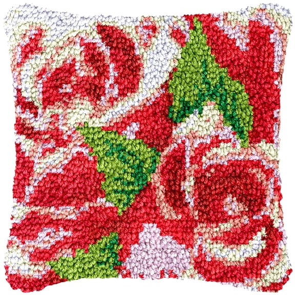 Pink Rose Pattern Latch Hook Kits Pillow Cover DIY Rug Making Crochet Hook Cushion Making Kits with Preprinted Pattern Canvas DIY Needlework Crochet Kits Sofa Decor 43x43cm