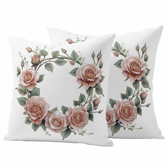 Pink Rose Pillow Covers 2 Pack Watercolor Wreath Pillowcase Waterproof Outdoor Throw Pillow Cover for Patio Garden Square Cushion 18”x18”
