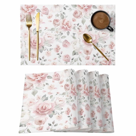 Pink Rose Placemats Set of 8 Modern Simple Romantic Flowers Floral Leaves Place Mats Indoor Wipeable Table Mats Washable Cloth Dining Table Placemats for Kitchen Holiday Party Home Decor 13x19 Inch