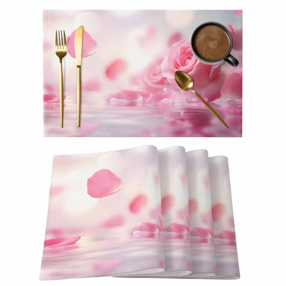 Pink Rose Placemats Set of 1, Floral Reflection Non-Slip Place Mats Washable Table Mats for Kitchen Dining Table Decorations Indoor/Outdoor