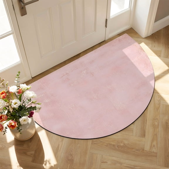 Pink Rose Plaster Diatomaceous Earth Bath Mat, Rustic Cottagecore Timber Scratch Celadon Texture Half Round Non-Slip Quick Dry Door Mat Super Absorbent Bath Rug for Bathroom Kitchen Laundry 16x24in