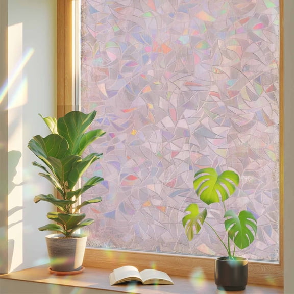 Pink Rose Plaster Window Privacy Film, Rustic Cottagecore Timber Scratch Celadon Texture Static Cling Stained Glass Window Sticker Decorative Removable Rainbow Film for Glass 17.7”x39.3”