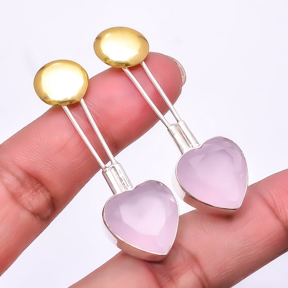 Pink Rose Quartz 925 Sterling Silver Two Tone Earring 1.95" E76