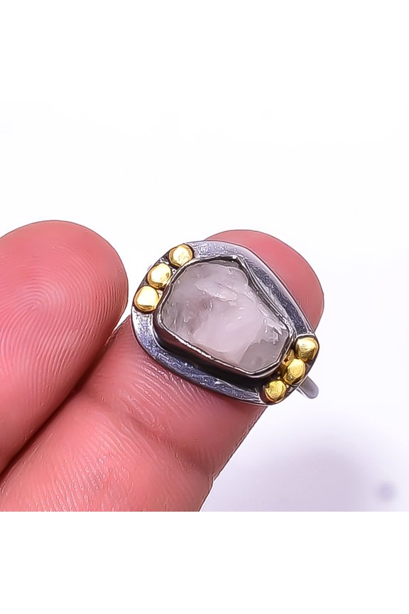 Pink Rose Quartz -Brazil Black And Gold Plated 925 Sterling Silver Ring s.7.5, Pink Rose Quartz Ring R_9490_293_67