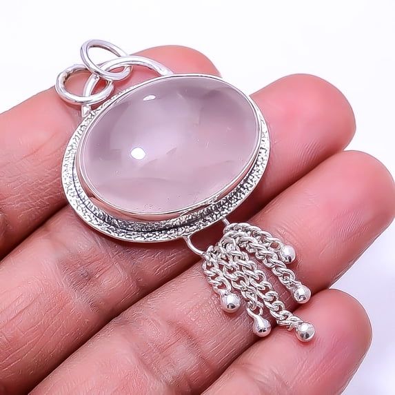 Pink Rose Quartz - Brazil Designer Handmade 925 Sterling Silver Pendant 2.34"P10, Beautiful Jewelry For Woman, New Year Sale, Valentin's Day Gift