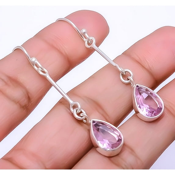 Pink Rose Quartz Designer Handmade 925 Sterling Silver Earring 2.07" E93269818, Gemstone Silver Jewelry, New Year Sale, Valentin's Day Gift