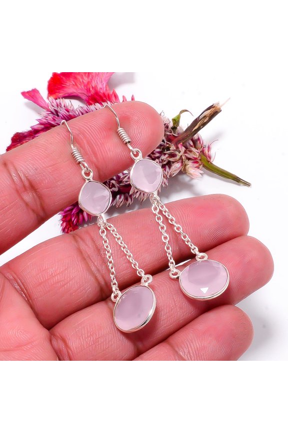 Pink Rose Quartz Gemstone 925 Sterling Silver Handmade Earring 2.42" E40