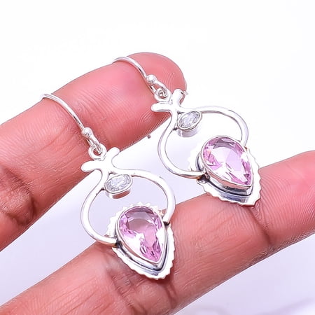 Pink Rose Quartz & White Topaz Designer 925 Sterling Silver Earring 1.72" E8, Gemstone Silver Jewelry, New Year Sale, Valentin's Day Gift