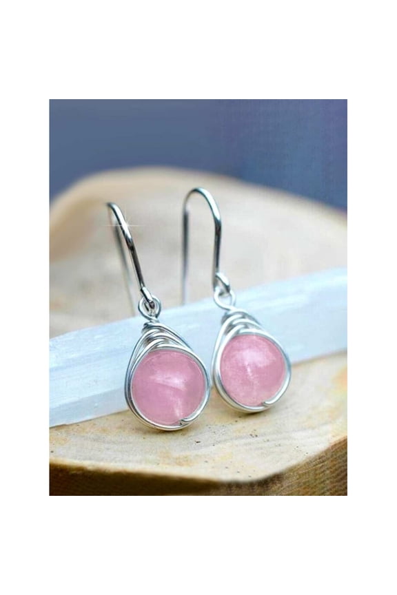 Pink Rose Quartz Wire Wrap Teardrop Dangle Earrings For Women