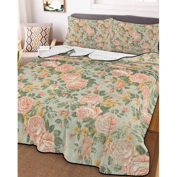 Pink Rose Queen Size Down Alternative Comforter, Lightweight Comforter Quilt Bedding Set with Pillow Shams Romantic Botanical Floral Flowers Leaves All Seasons Bed Comforter Duvet Insert 90"x96"