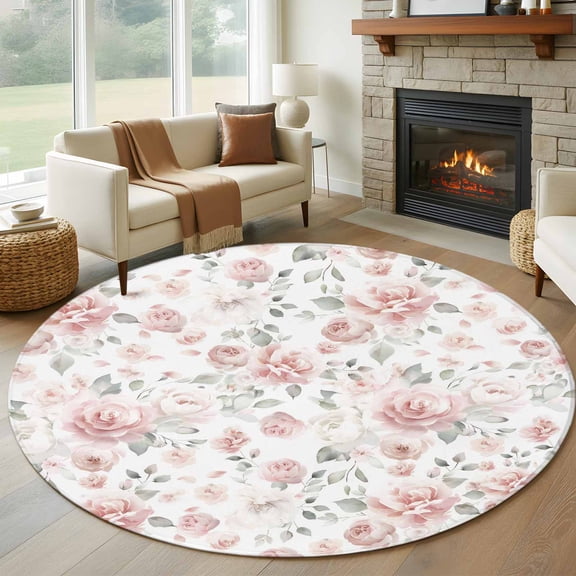 Pink Rose Round Rug 7ft Washable Circle Rugs Non Slip Modern Simple Romantic Flowers Floral Leaves Large Area Rug Indoor Floor Carpet for Bedroom Kitchen Living Room Home Office Dining Room Nursery