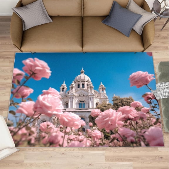 Pink Rose Rug 4x6 - Modern Floral Area Rugs for Living Room, 4x6 Rug, European Castle Washable Rugs for Bedroom, Aesthetics Carpet, Romantic Carpet - Pink Rose Home Decor Gifts for Women