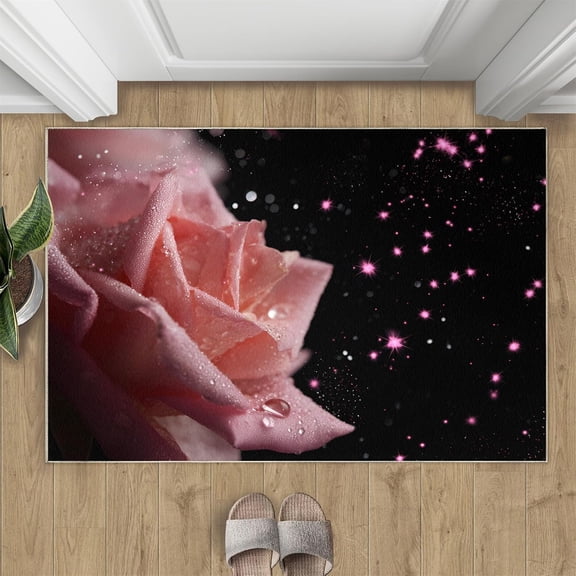Pink Rose Rugs for Entryway - Pink Floral Rug, 3x4 Rug, Fantasy Galaxy Washable Rugs for Living Room, Black Background Area Rug, Aesthetics Carpet - Rose Home Decor Gifts for Women