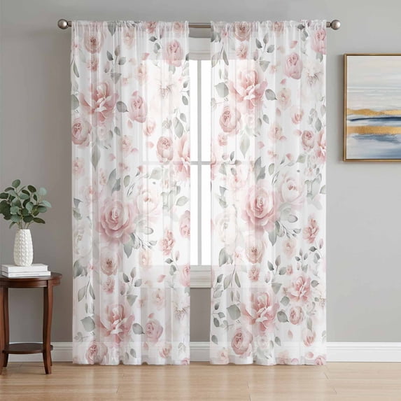 Pink Rose Sheer Curtains 63 Inch Length 2 Panels Set Window Treatments, Modern Simple Romantic Flowers Floral Leaves Rod Pocket Semi Curtains for Living Room/Bedroom/Kitchen Décor, 104"W x 63"L