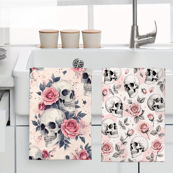 Pink Rose Skull Pattern Kitchen Towel Absorbent Quick Dry Washcloth for Dining Room Kitchens Bathrooms Home Party Decor or Halloween Holiday Gift