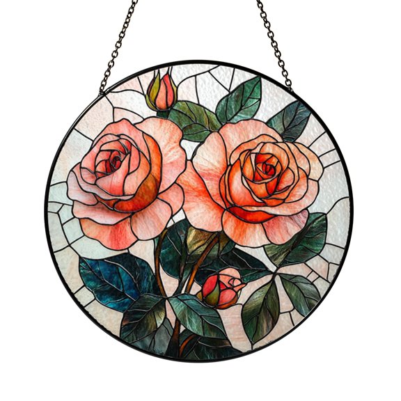 Pink Rose Stained Glass Suncatcher, Round Floral Window Hanging Ornament, Romantic Garden Home Decor, Gift for Flower and Rose Lovers
