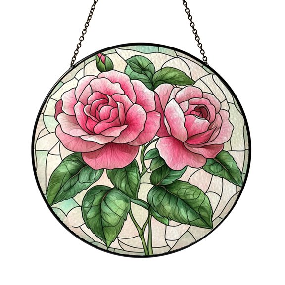 Pink Rose Stained Glass Suncatcher Window Hanging, Romantic Floral Round Decor, Elegant Home Gift for Rose Lovers