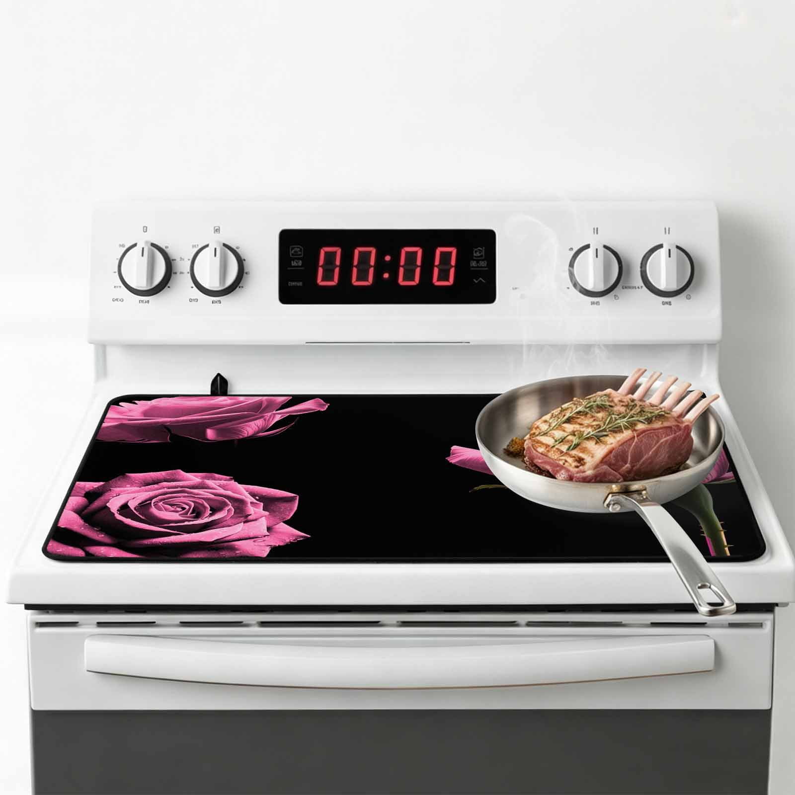 Pink Rose Stove Top Cover for Electric Stove, Heat-proof & Non Slip Glass Top Stove Cover Protector, Vintage Abstract Garden Flower Floral Black Kitchen Flat Cooktop Rubber Mat 24x21 Inches