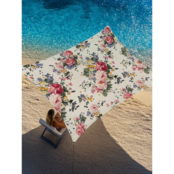 Pink Rose Sun Shade Sail 6.5' x 10', Watercolor Yellow Blue Flower Vintage Spring Plant Rectangle Outdoor Sunshade Canopy, Waterproof UV Block Patio Covers for Garden Yard Beach