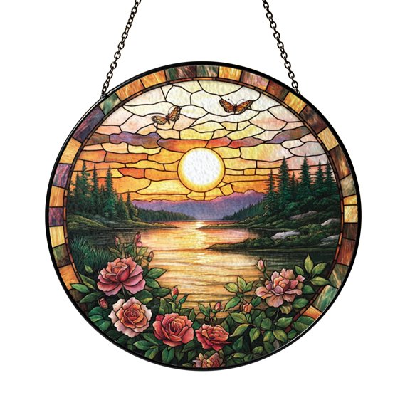 Pink Rose Sunset Butterfly Stained Glass Suncatcher Window Hanging Romantic Floral Nature Decor Gift