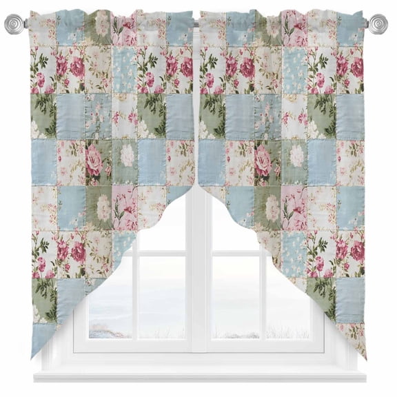 Pink Rose Swag Curtain Valance for Windows, Blue Splicing Window Treatments Short Swag Topper for Kitchen Windows Bathroom Bedroom, 36"x36"