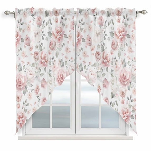 Pink Rose Swag Curtains for Kitchen/Bedroom/Living Room, Modern Simple Romantic Flowers Floral Leaves Scalloped Curtains 63 Inch Long, Window Swag Topper Curtains Valances 2 Panels Set 36"x63"