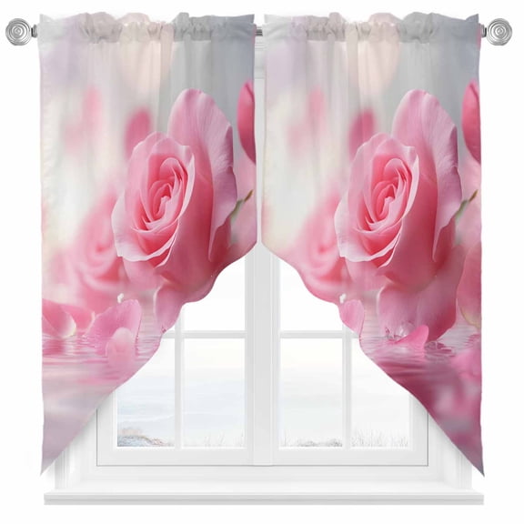 Pink Rose Swag Kitchen Curtain Valances, Floral Reflection Rod Pocket Curtains Window Treatment Decor Valances for Bedroom Bathroom, 2 Panels 36 x 63 Inch