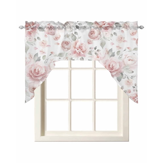Pink Rose Swag Valances for Windows, Small Curtains Drapes, Modern Simple Romantic Flowers Floral Leaves Kitchen Window Curtains Over Sink Window Treatment Valance for Bedroom/Bathroom 56"x36"